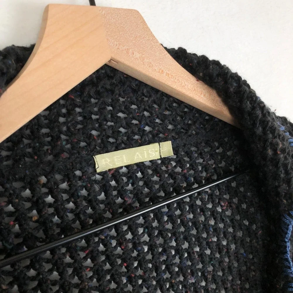 RELAIS Crochet Loose Knit Coatigan Sz‎ L Black & Blue Button Up Cardigan Sweater